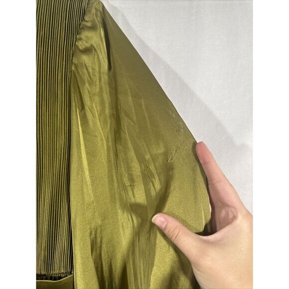 NWD IEENA Mac Duggal [ 12 ] Long Sleeve High Neck Heat Pleated Dress Olive Green - Picture 12 of 16